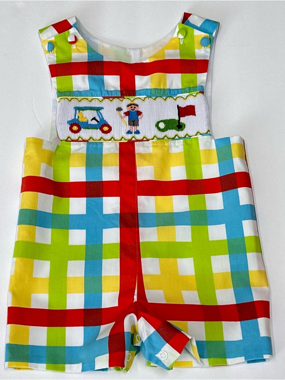 Zuccini Boys 12M Plaid Smocked Shortall Romper Red Blue Yellow Green Golfing VGC